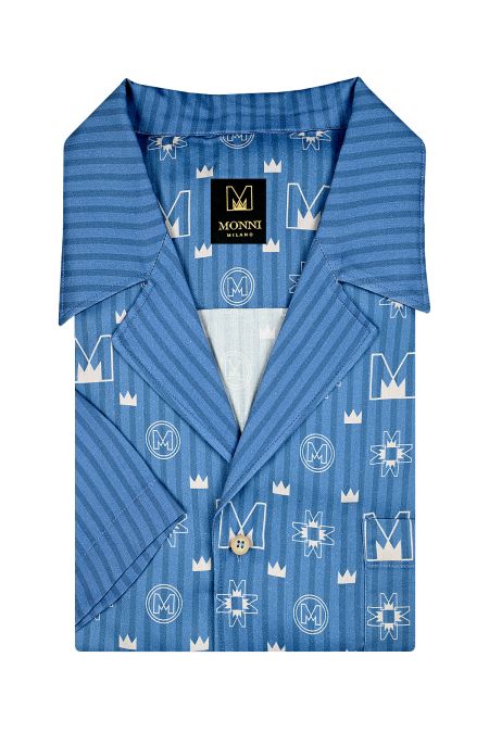 Луксозна риза с къс ръкав от лен в десен Blue Symbols
