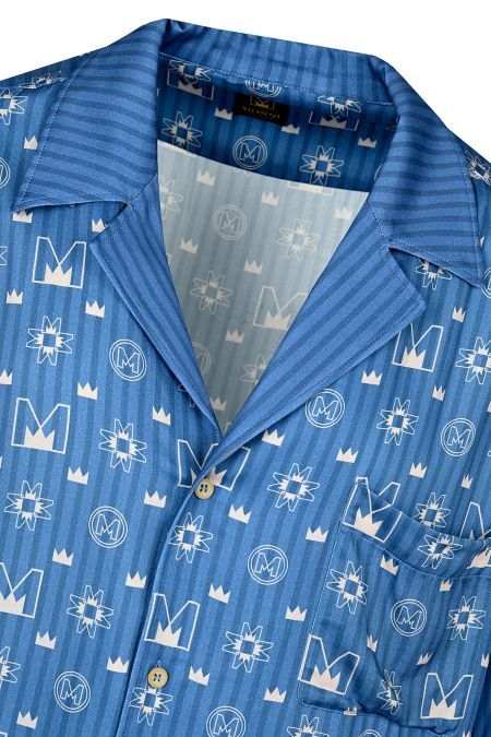 Мъжка риза с къс ръкав от лен в десен Blue Symbols
