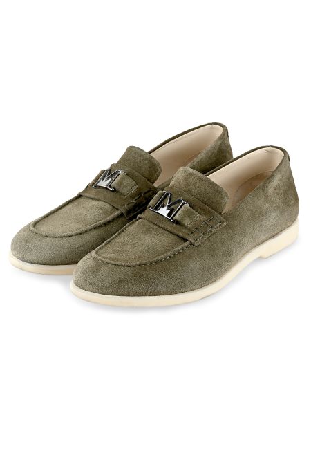 Мъжки дизайнерски велурени мокасини в зелено с метален елемент