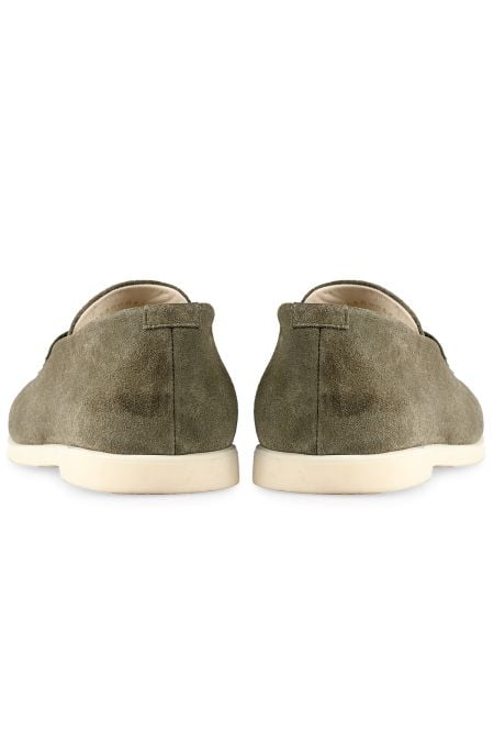 Дизайнерски мъжки велурени мокасини в зелено с фин метален акцент