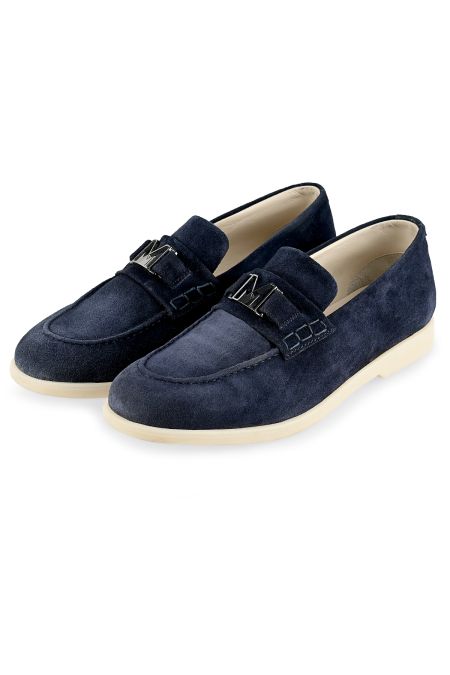 Елегантни мъжки велурени мокасини в тъмносиньо с метален детайл