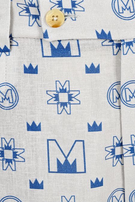 Луксозни бермуди от лен в десен Blue Symbols 
