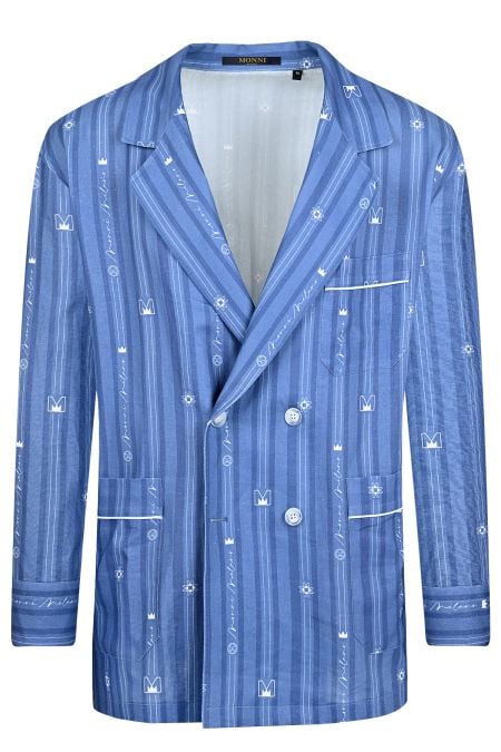 Лятно сако с двуредно закопчаване в син дизайнерски принт 