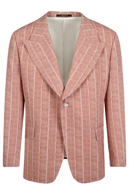 Мъжко елегантно сако с класически ревер и райе в цвят сьомга