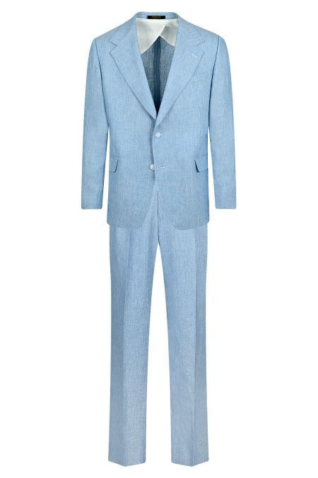 Мъжки елегантен костюм в светлосин цвят от лен и вълнен плат