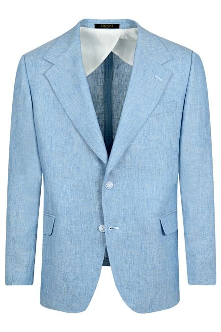 Елегантен костюм в светлосин цвят от лен и вълнен плат