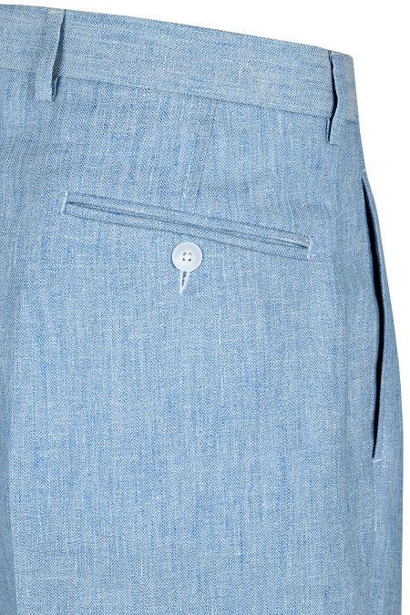 Висококачествен мъжки костюм в светлосин цвят от лен и вълнен плат