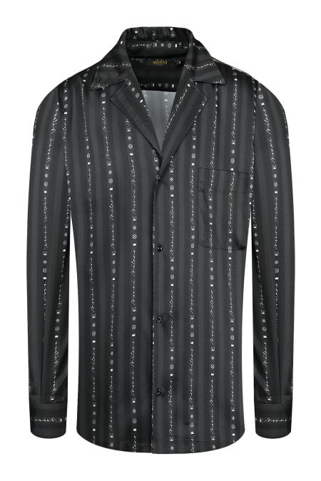 Мъжка лятна риза в черно с фин вертикален принт в бял цвят