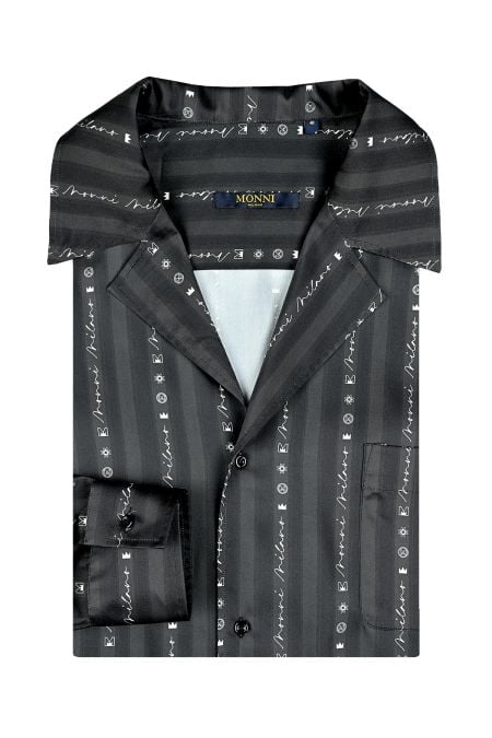 Лятна риза в черно с фин вертикален принт в бял цвят