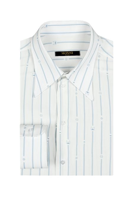 Мъжка лятна риза в бяло с фино вертикално райе в син цвят