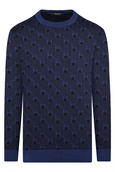 Пуловер Crew Neck от памук с контрастни лога в цвят тъмносиньо
