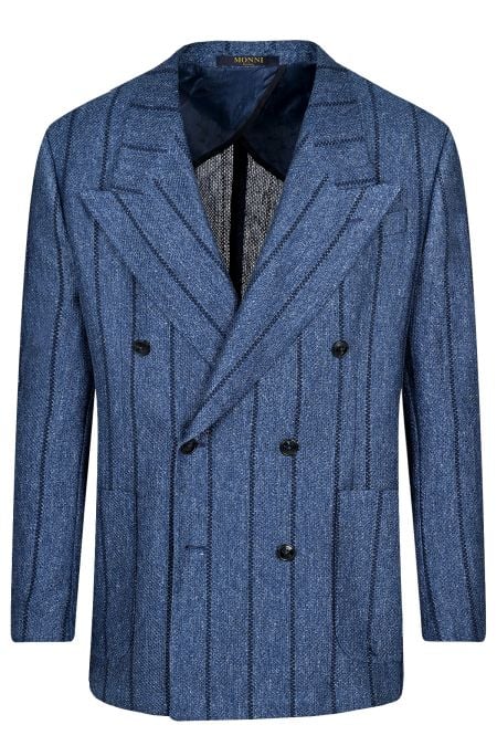 Сако от лен в модерен син цвят и широко райе в тъмносин цвят.