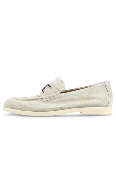 Мъжки дизайнерски велурени мокасини в бежово с метален елемент
