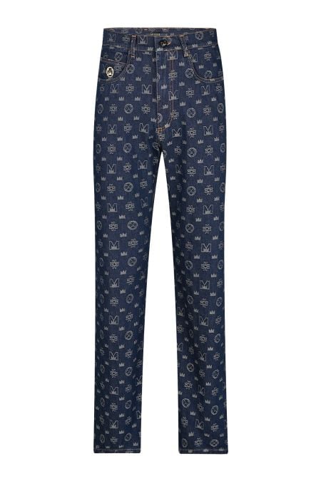 Мъжки свободни дизайнерски дънки с десен символи в синьо