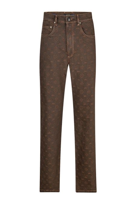 Мъжки луксозни дизайнерски дънки с десен символи в кафяво