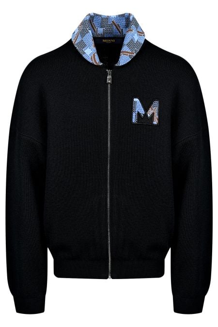 Мъжка дизайнерска черна вълнена жилетка с бродерия в синьо