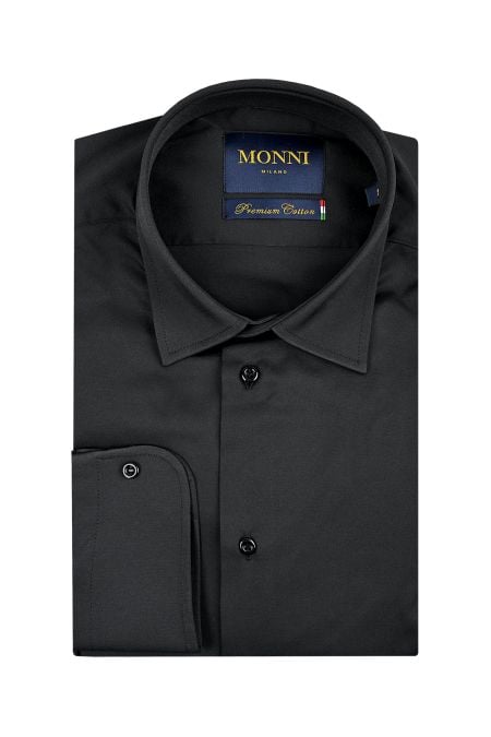 Класическа риза със стандартна яка от сатениран памук в черно
