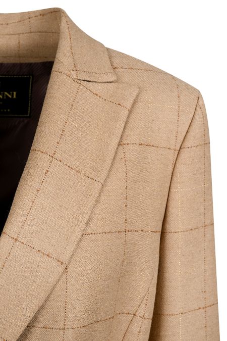 Стилно дамско вълнено сако в кариран десен с фина лурекс нишка