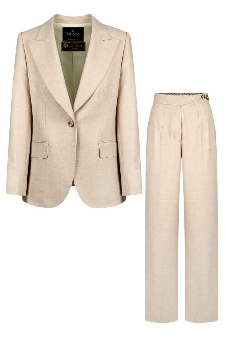 Стилен дамски костюм от италиански вълнен плат с двуредно сако и свободен панталон тип wide-leg с две басти