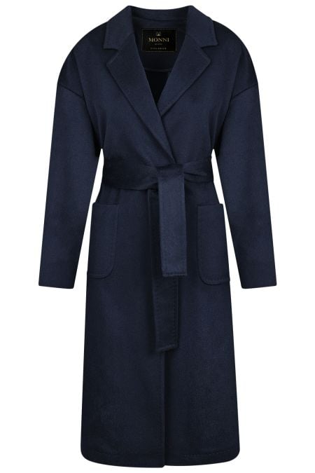 Елегантно палто от вълна и кашмир с външни джобове и колан в тъмно син цвят 