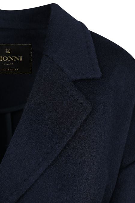 Топло и стилно дамско палто в тъмно син цвят от кашмир и вълна с колан и джобове