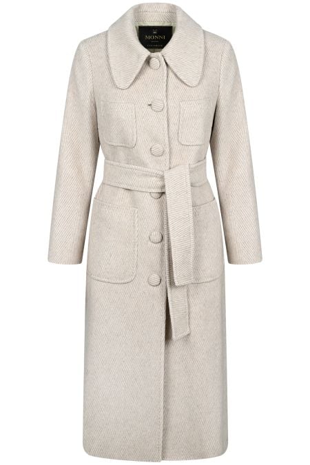 Дамско вълнено бежаво палто от релефен дизайнерски плат Made in Italy