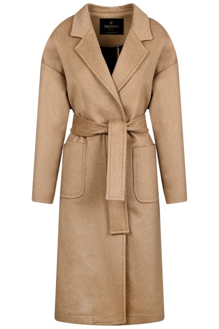 Елегантно дамско палто от вълна и кашмир в бежово с външни джобове и колан