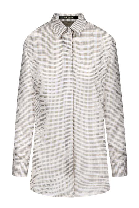 Дамска бяла риза от памук и коприна със скрито закопчаване и квадратен десен