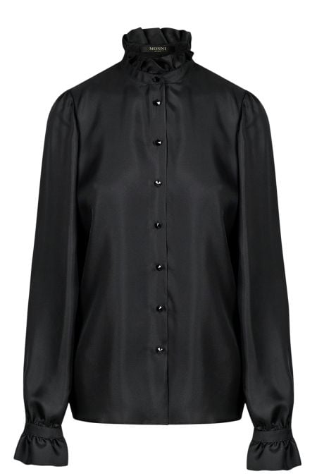 Луксозна черна дамска риза от естествена коприна, украсена с кристални копчета за елегантна и изискана визия