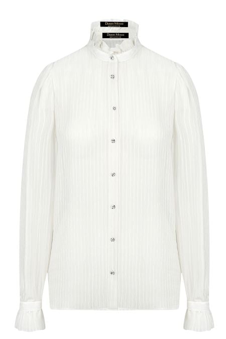 Луксозна бяла дамска риза от естествена коприна, украсена с кристални копчета за изискана и елегантна визия