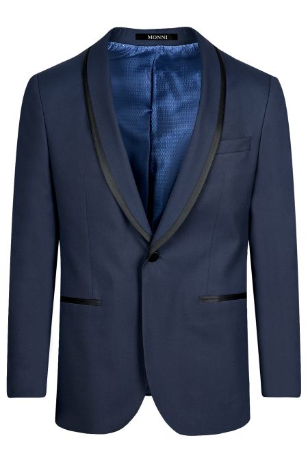 Елегантен тъмносин втален смокинг със сатенен ревер