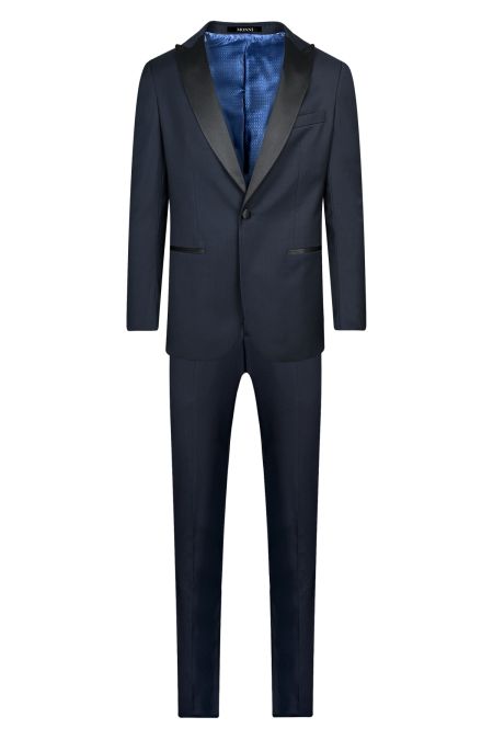 Мъжки втален тъмносин смокинг със сатениран широк остър ревер