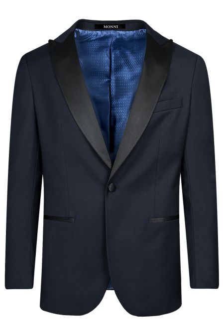 Елегантен тъмносин смокинг slim fit със сатенен остър ревер