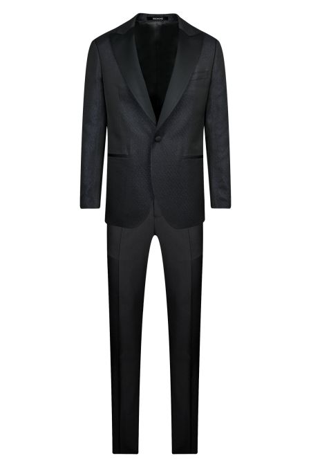 Мъжки официален костюм в тъмносин жакард с остър сатенен ревер