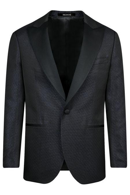 Елегантен тъмносин жакардов костюм със сатенен остър ревер