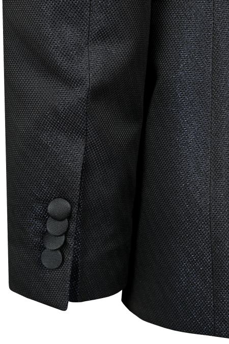 Официален тъмносин костюм с жакардова текстура и сатенен детайл