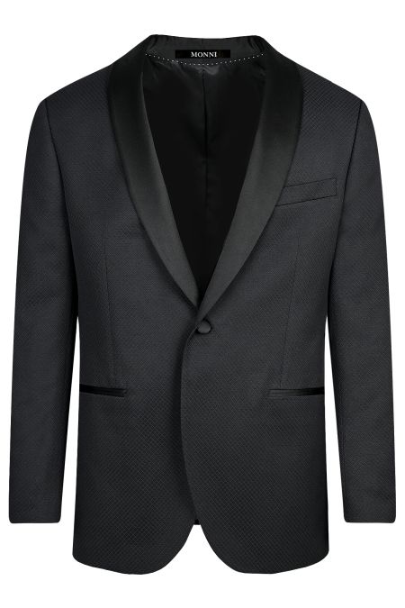 Елегантен мъжки костюм с шал яка и фино черно каре