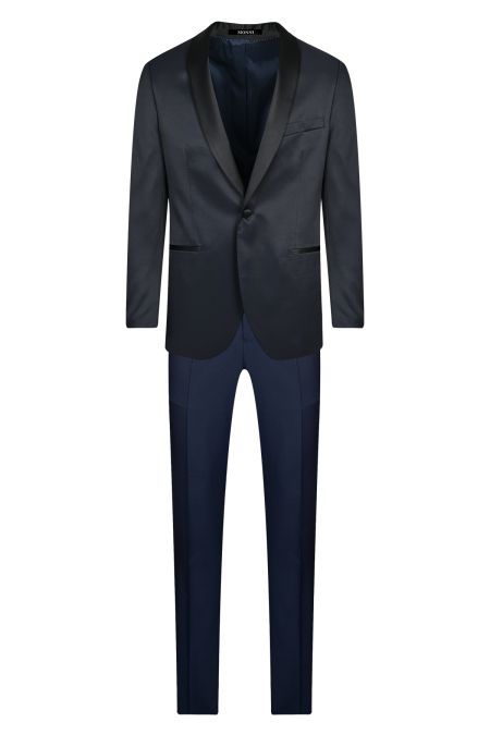 Мъжки официален костюм с шал яка в ситни тъмносини карета