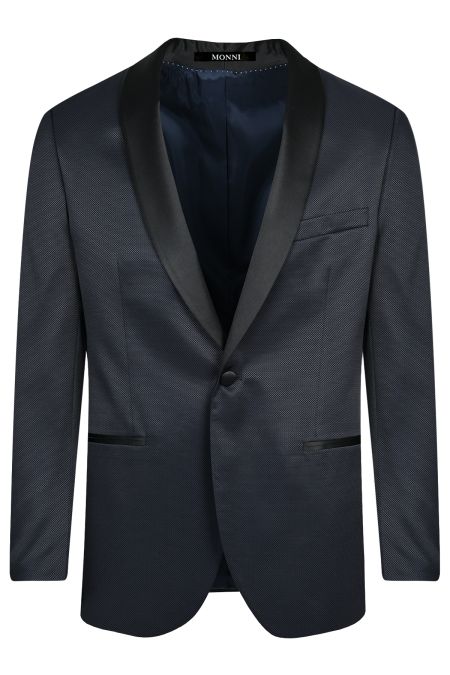 Елегантен мъжки костюм с шал яка в тъмносиньо каре