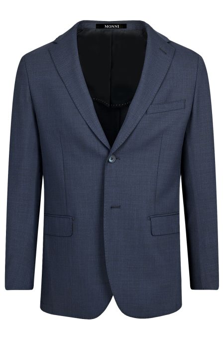 Елегантен тъмносин костюм slim fit от вълна с еластан