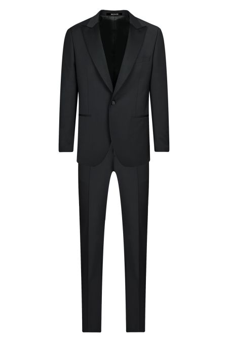 Мъжки втален официален костюм в черно със сатениран остър ревер