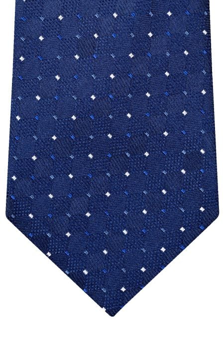Копринена вратовръзка в тъмносиньо със ситни елементи бяло и синьо.