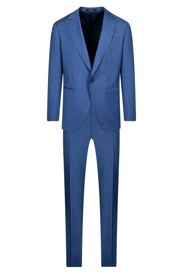 Мъжки официален костюм с едно копче и филетки в светлосиньо