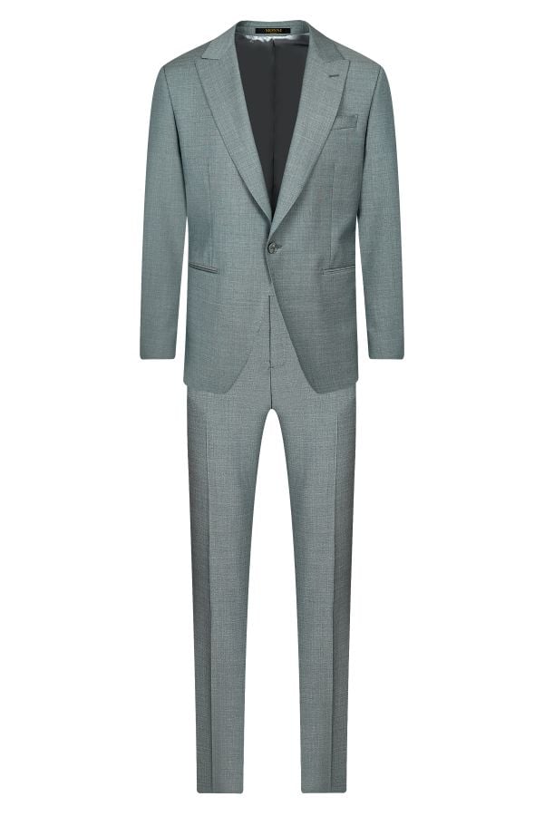 Мъжки официален костюм с едно копче и филетки в светлосиво