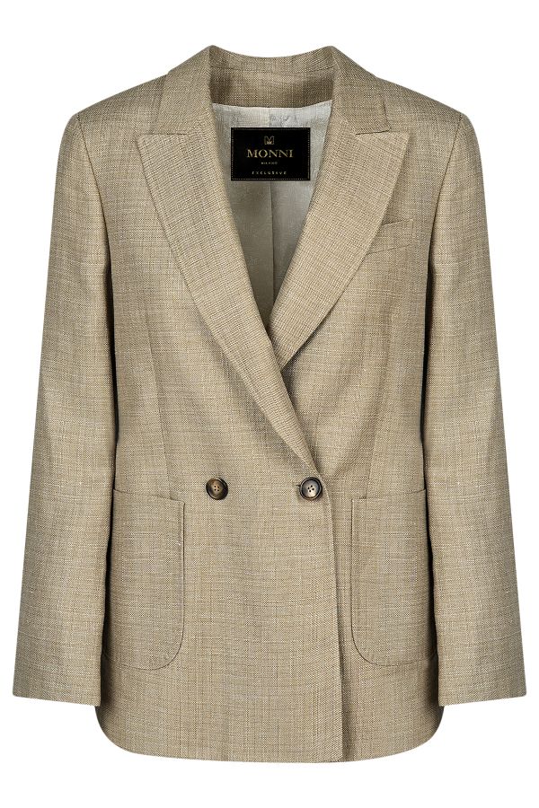 Двуредно елегантно сако от лен и вълна в цвят бежово с външни джобове