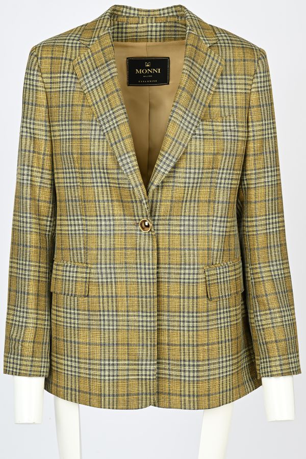 Свободно лятно дамско сако от вълна в каре Principe Di Galles в жълто и тъмнозелено