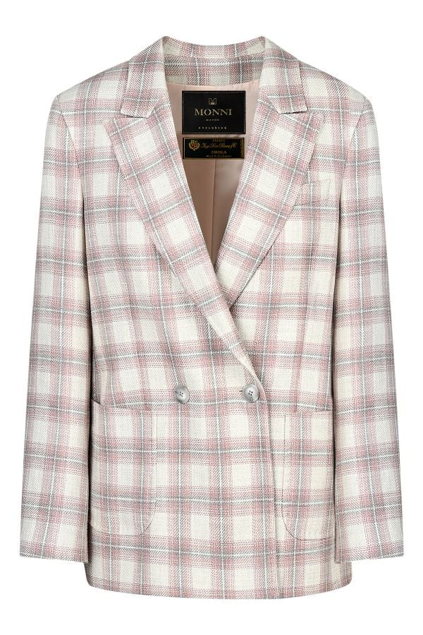 Луксозно двуредно карирано дамско сако с външни джобове