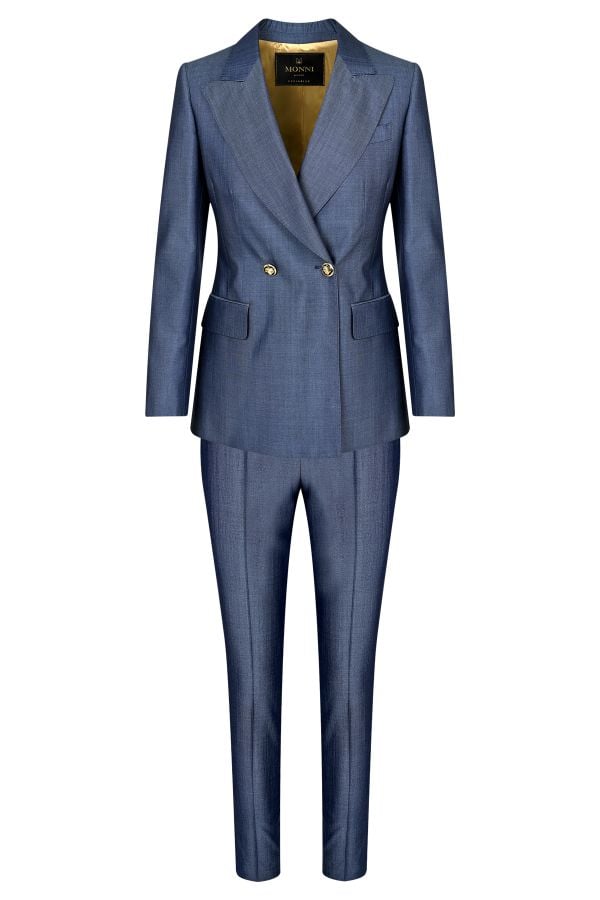 Двуреден, елегантен дамски костюм в структурен вълнен плат в тъмносин цвят