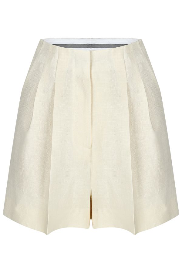 Дамски къси елегантни бермуди с баста от лен и вълна в екрю цвят 