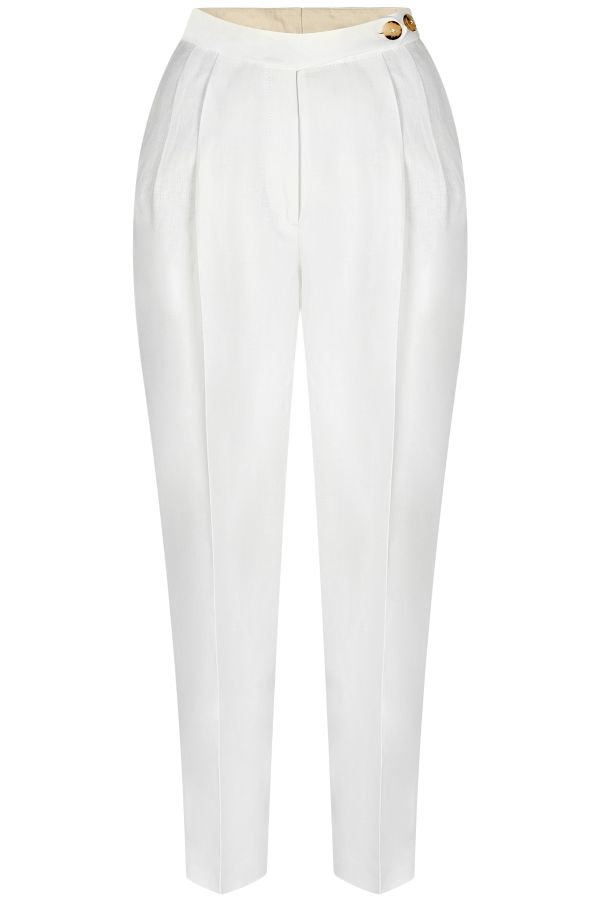 Ленен дамски панталон с басти и удължен колан в бял цвят 